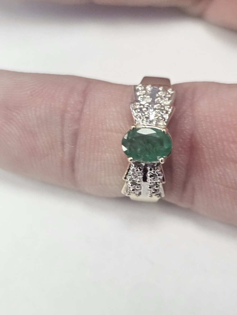 10k Gold Emerald Oval Ring with Diamonds- Green